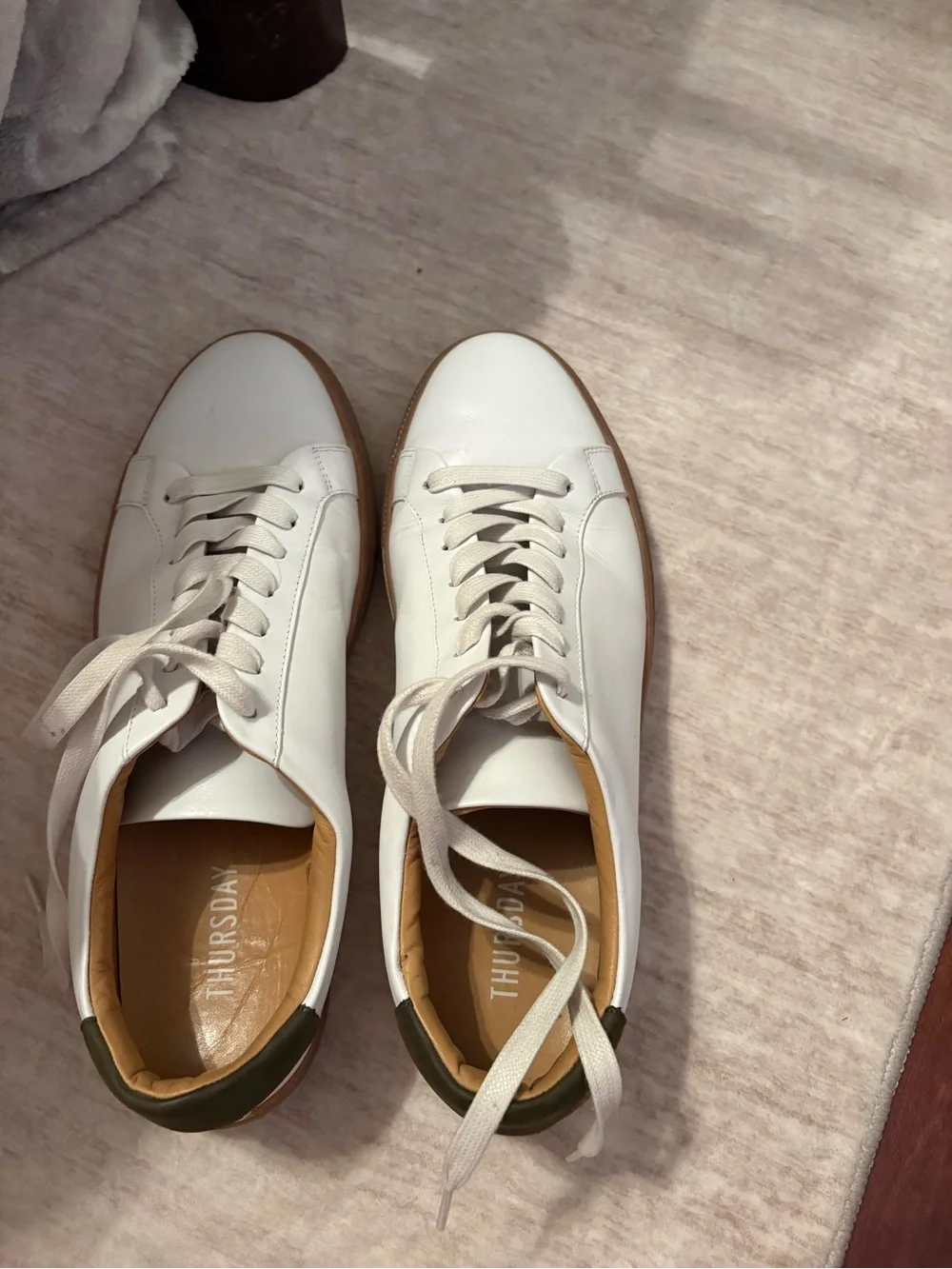 Thursday Boot Company White Leather Sneakers with Tan Lining and Olive Heel